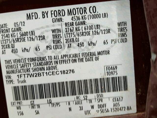 1FT7W2BT1CEC18276 - 2012 FORD F250 SUPER MAROON photo 10