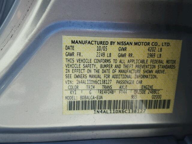 1N4AL11DX6C138127 - 2006 NISSAN ALTIMA S/S SILVER photo 10