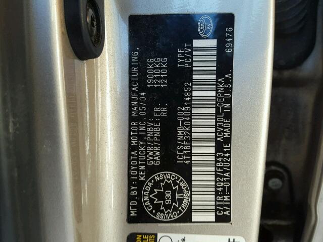 4T1BE32K04U914852 - 2004 TOYOTA CAMRY LE GOLD photo 10