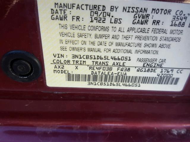 3N1CB51D65L466051 - 2005 NISSAN SENTRA 1.8 MAROON photo 10