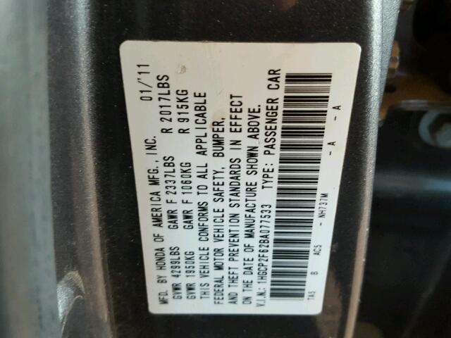 1HGCP2F62BA077533 - 2011 HONDA ACCORD SE GRAY photo 10