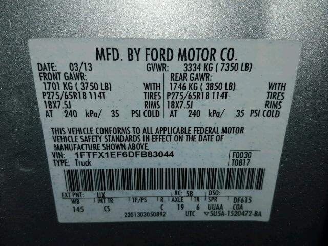 1FTFX1EF6DFB83044 - 2013 FORD F150 SUPER GRAY photo 10