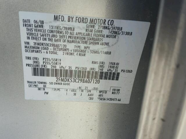 2FMDK53C29BA07120 - 2009 FORD FLEX LIMIT SILVER photo 10