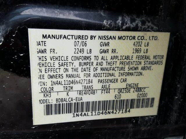 1N4AL11D46N427184 - 2006 NISSAN ALTIMA S/S BLACK photo 10