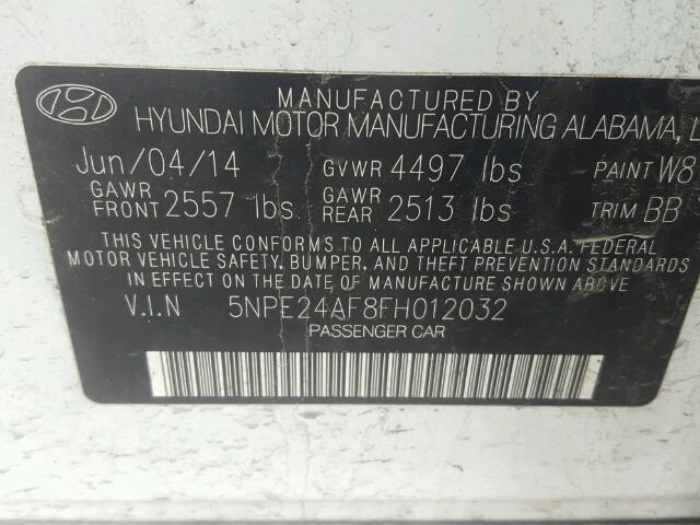 5NPE24AF8FH012032 - 2015 HYUNDAI SONATA WHITE photo 10