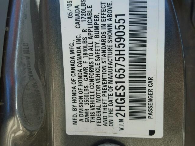 2HGES16575H590551 - 2005 HONDA CIVIC LX GRAY photo 10