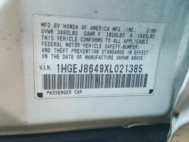 1HGEJ8649XL021385 - 1999 HONDA CIVIC EX 白色 照片 10