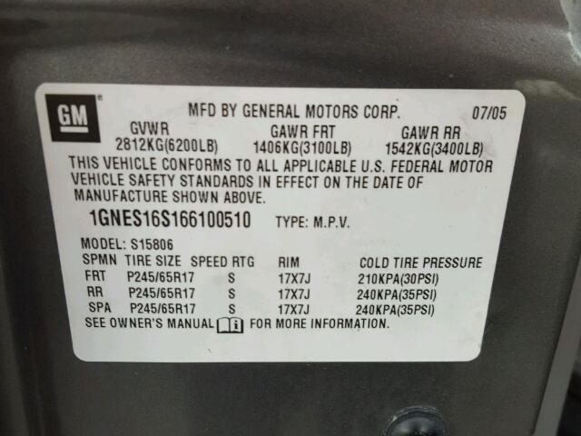 1GNES16S166100510 - 2006 CHEVROLET TRAILBLAZE GRAY photo 10