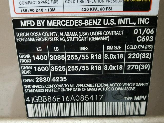 4JGBB86E16A085417 - 2006 MERCEDES-BENZ ML 350 TAN photo 10