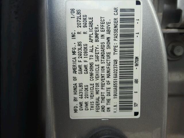 19UUA65516A023748 - 2006 ACURA 3.2TL SILVER photo 10