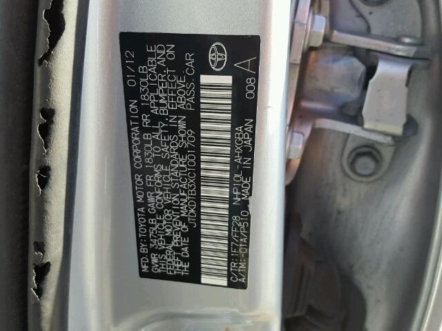 JTDKDTB3XC1001709 - 2012 TOYOTA PRIUS C SILVER photo 10