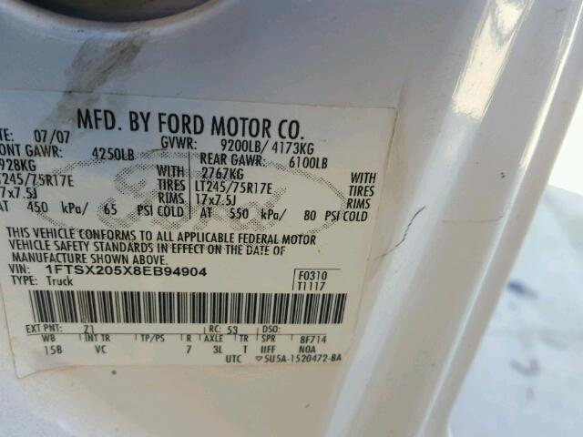 1FTSX205X8EB94904 - 2008 FORD F250 SUPER WHITE photo 10