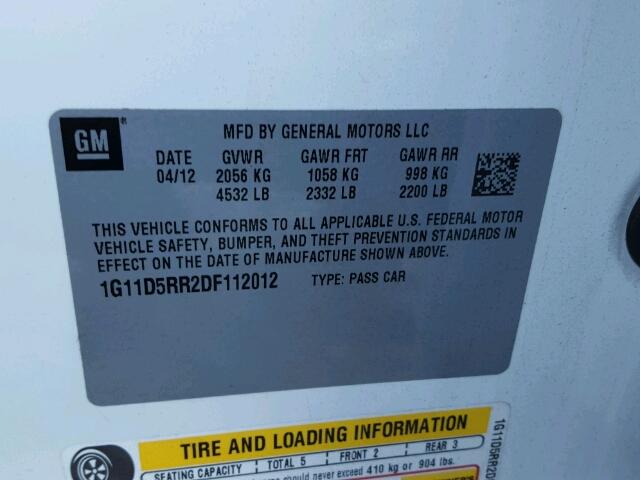 1G11D5RR2DF112012 - 2013 CHEVROLET MALIBU 1LT 白色 照片 10