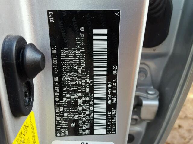 4T3BA3BB9DU042657 - 2013 TOYOTA VENZA LE SILVER photo 10