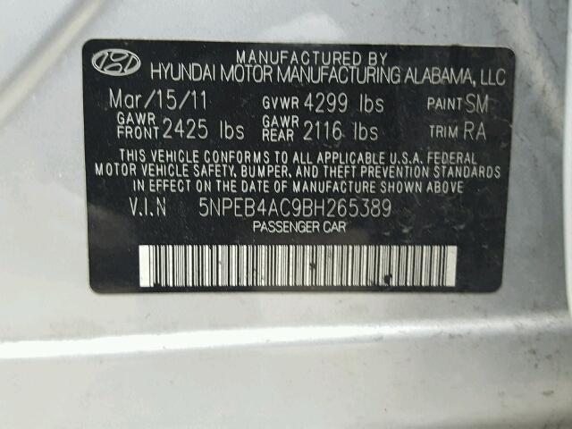 5NPEB4AC9BH265389 - 2011 HYUNDAI SONATA GLS SILVER photo 10