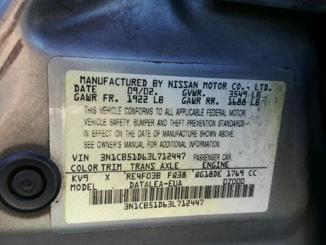 3N1CB51D63L712447 - 2003 NISSAN SENTRA XE/ TAN photo 10