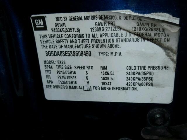 3G5DA03E53S608459 - 2003 BUICK RENDEZVOUS BLUE photo 10