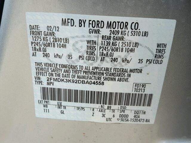 2FMDK3K92DBA04558 - 2013 FORD EDGE LIMIT SILVER photo 10