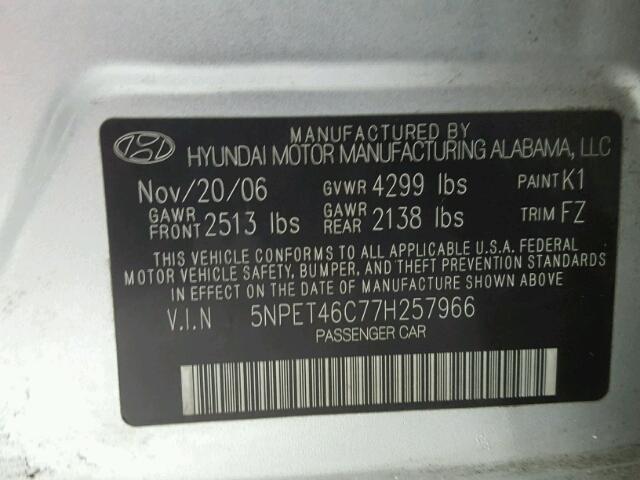 5NPET46C77H257966 - 2007 HYUNDAI SONATA GLS SILVER photo 10