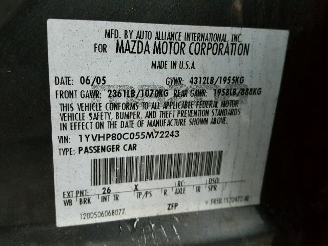 1YVHP80C055M72243 - 2005 MAZDA 6 I CHARCOAL photo 10