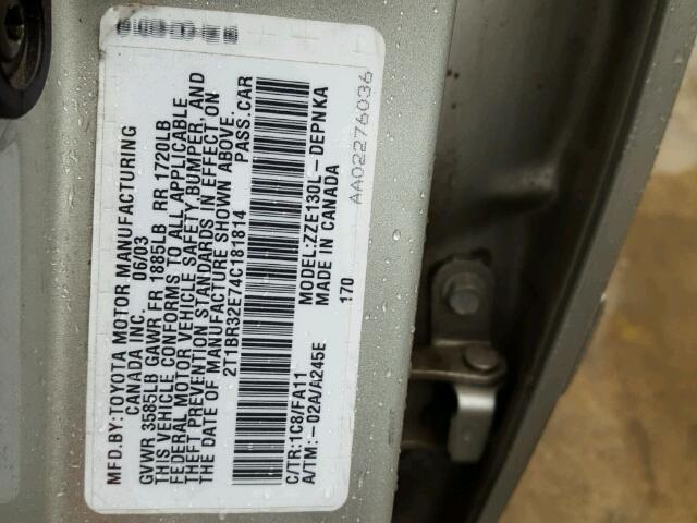 2T1BR32E74C181814 - 2004 TOYOTA COROLLA CE GRAY photo 10