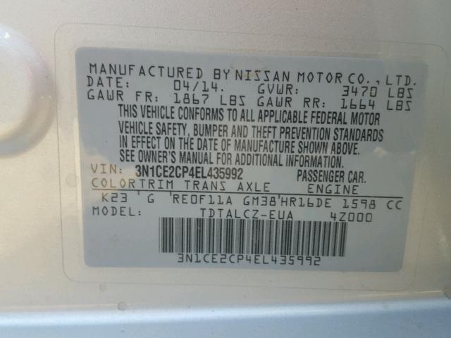 3N1CE2CP4EL435992 - 2014 NISSAN VERSA NOTE SILVER photo 10