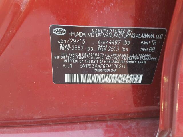 5NPE34AF9FH176211 - 2015 HYUNDAI SONATA SPO RED photo 10