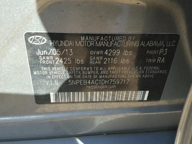 5NPEB4AC1DH759717 - 2013 HYUNDAI SONATA GLS GRAY photo 10