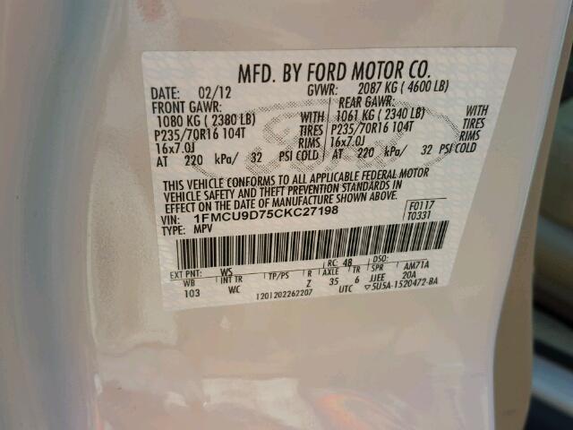 1FMCU9D75CKC27198 - 2012 FORD ESCAPE XLT WHITE photo 10