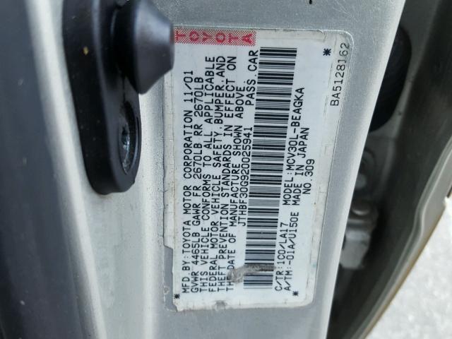 JTHBF30G920025941 - 2002 LEXUS ES 300 SILVER photo 10