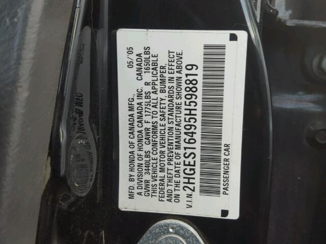 2HGES16495H598819 - 2005 HONDA CIVIC BLACK photo 10