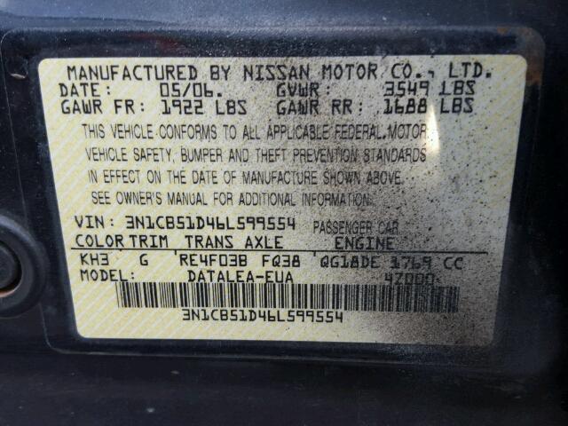 3N1CB51D46L599554 - 2006 NISSAN SENTRA 1.8 BLACK photo 10