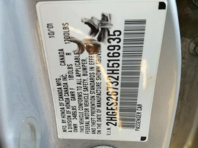 2HGES26732H516935 - 2002 HONDA CIVIC EX ვერცხლისფერი ფოტო 10