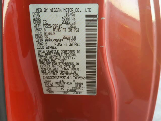 1N6DD26T23C413850 - 2003 NISSAN FRONTIER K RED photo 10