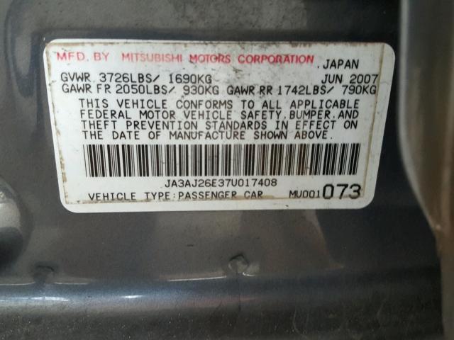 JA3AJ26E37U017408 - 2007 MITSUBISHI LANCER ES CHARCOAL photo 10