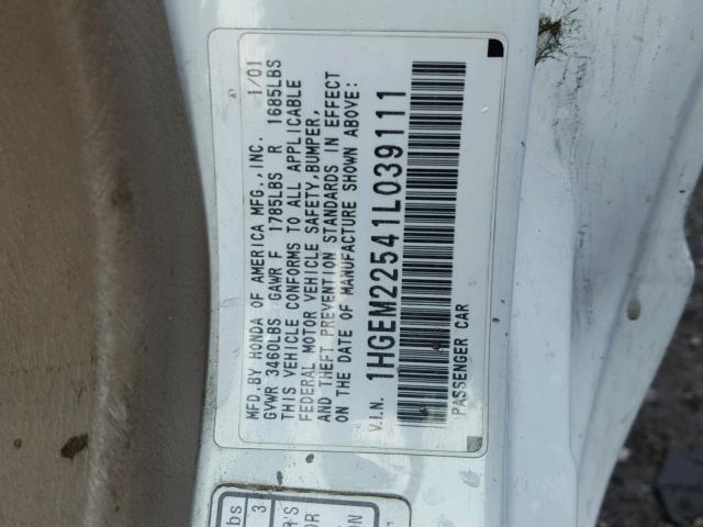 1HGEM22541L039111 - 2001 HONDA CIVIC LX WHITE photo 10