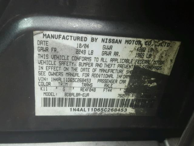 1N4AL11D65C268453 - 2005 NISSAN ALTIMA S GRAY photo 10