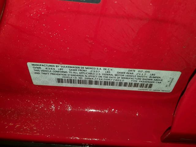 3VWXJ71K76M774012 - 2006 VOLKSWAGEN JETTA GLI RED photo 10