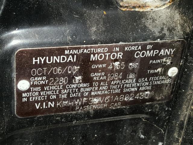 KMHWF35V61A382430 - 2001 HYUNDAI SONATA GLS BLACK photo 10