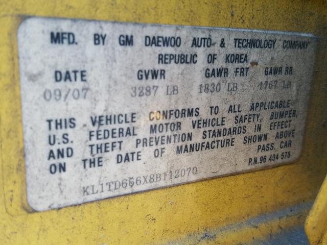 KL1TD666X8B112070 - 2008 CHEVROLET AVEO BASE ყვითელი ფოტო 10