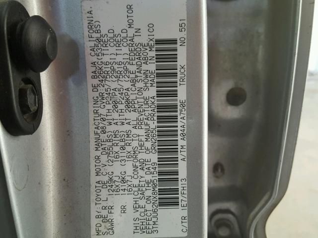 3TMJU62NX8M051549 - 2008 TOYOTA TACOMA DOU SILVER photo 10