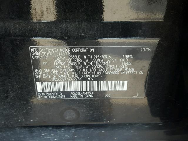 JTMZD33VX76027279 - 2007 TOYOTA RAV4 BLACK photo 10