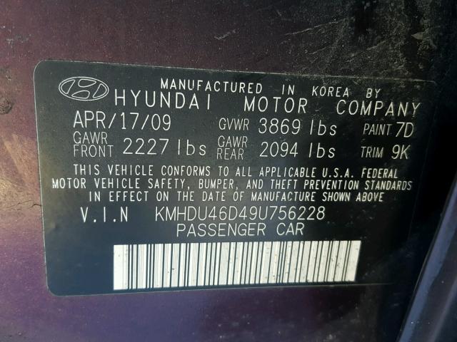 KMHDU46D49U756228 - 2009 HYUNDAI ELANTRA GL PURPLE photo 10