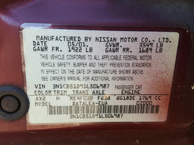 3N1CB51D91L506987 - 2001 NISSAN SENTRA XE BURGUNDY photo 10