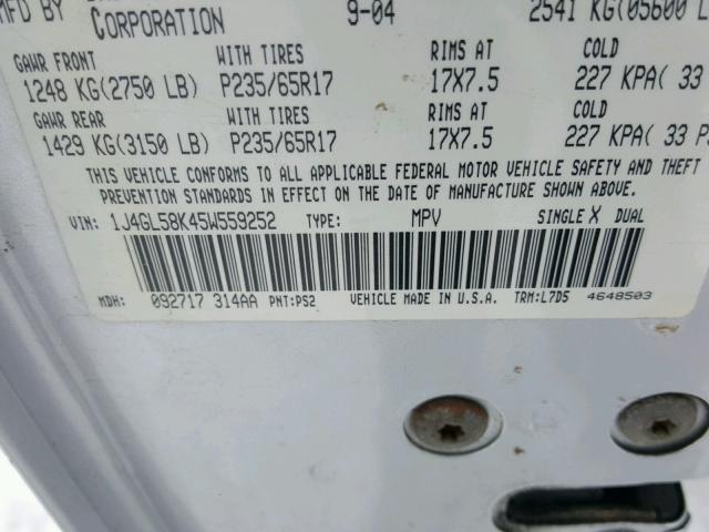 1J4GL58K45W559252 - 2005 JEEP LIBERTY LI GRAY photo 10