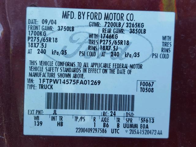 1FTPW14575FA01269 - 2005 FORD F150 SUPER RED photo 10