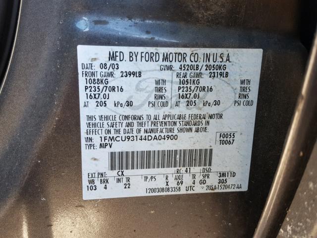 1FMCU93144DA04900 - 2004 FORD ESCAPE XLT GRAY photo 10