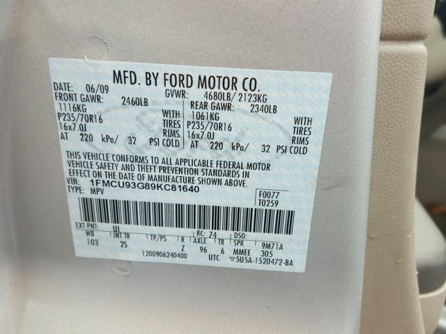 1FMCU93G89KC81640 - 2009 FORD ESCAPE XLT SILVER photo 10