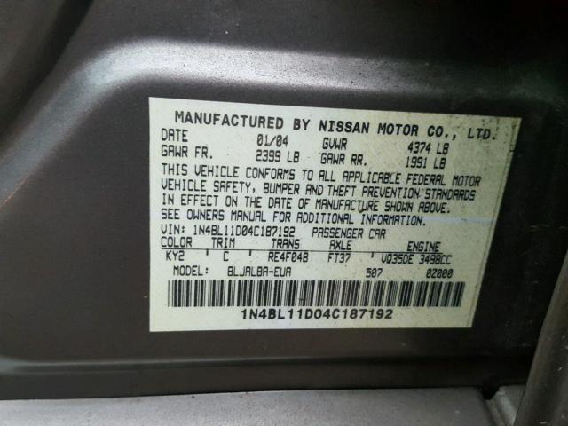 1N4BL11D04C187192 - 2004 NISSAN ALTIMA SE BROWN photo 10