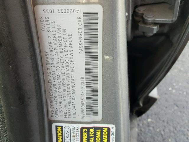 WVWPD63B14E120918 - 2004 VOLKSWAGEN PASSAT GLS GRAY photo 10